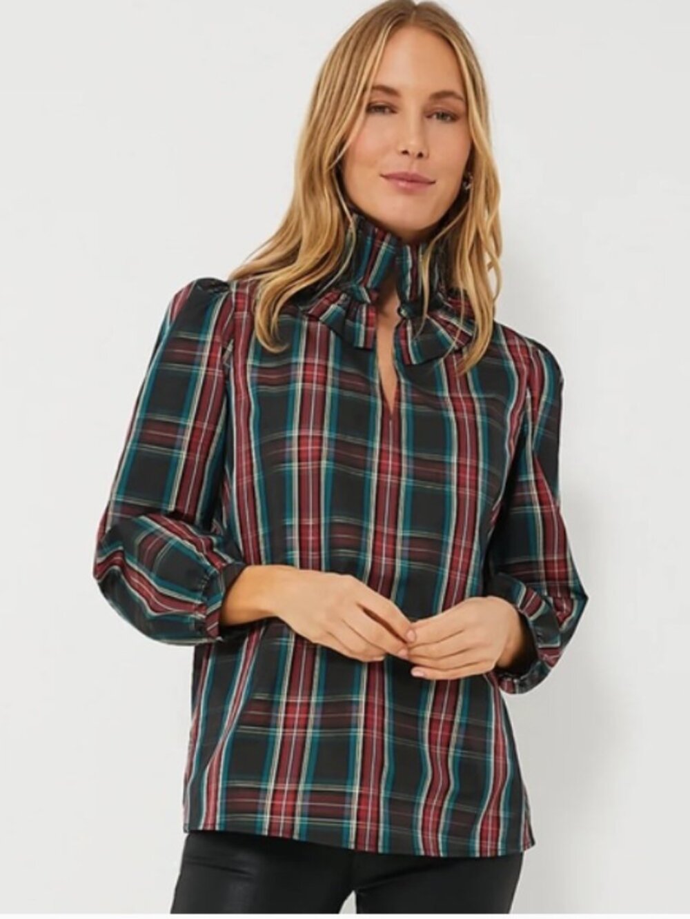 Tuckernuck Highland Tartan Bouvier Blouse Plaid Ruffle Neck Size Small